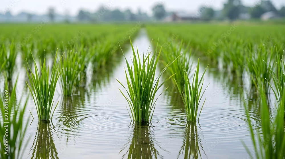 Obraz premium Vibrant Green Rice Seedlings Growing in a Flooded Paddy Field During an Afternoon in the Rural Countryside Landscape
