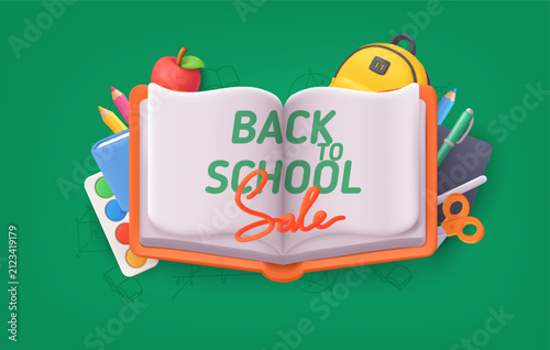 Back to School Sale with Open Book and School Supplies