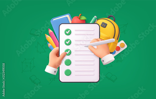 School Checklist with Backpack and Educational Supplies in 3D Style