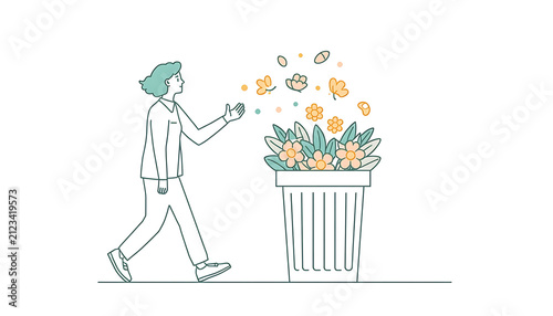 Illustration of disposing of trash in a bin for the sake of the environment.