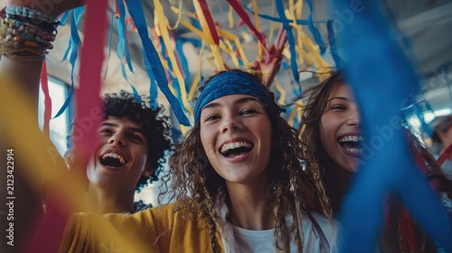 Three joyful young people celebrate together, smiling widely amidst colorful ribbons and a festive atmosphere.