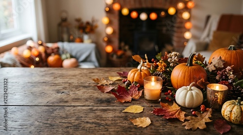 Autumn pumpkins on a wooden table. Cozy fall decor with candles and festive lights.