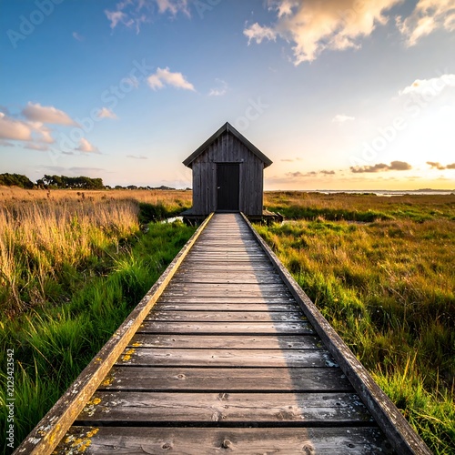 Wooden walkway to a small shed in a grassy marsh at sunset