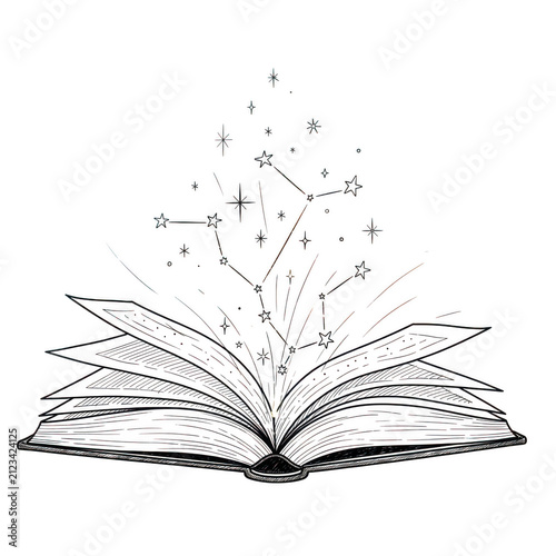 Open book with magical glowing particles illustration