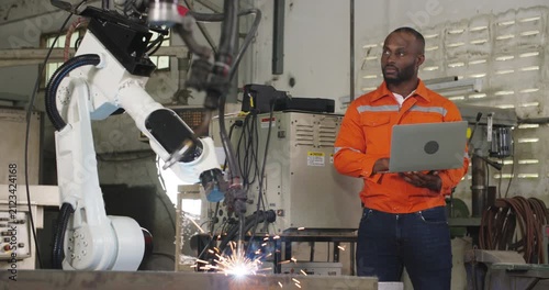 Professional industrial engineer African american man using computer laptop and to control and programing automation robot arms machine in manufacturing industry. Technology and innovation concept.