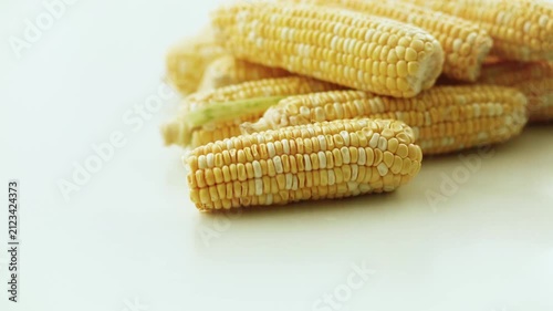 Ripe yellow corn ready for cooking. Corn and harvest time. Yellow maize cobs close-up. Agricultural industry and farming.	
