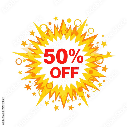 Fifty percent off sale burst badge with stars and circles