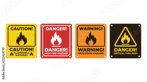 Fire safety warning signs showing flammable, extreme fire hazard, combustible materials, and chemical fire risk alerts
