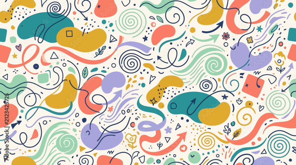 Naklejka premium Abstract colorful doodle pattern with swirling lines and organic shapes