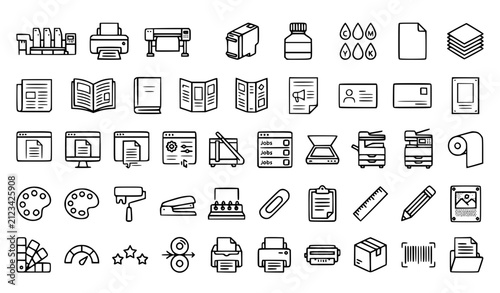 Printing Press Printer Ink Paper Editable Stroke Outline Icon Set Vector Illustration