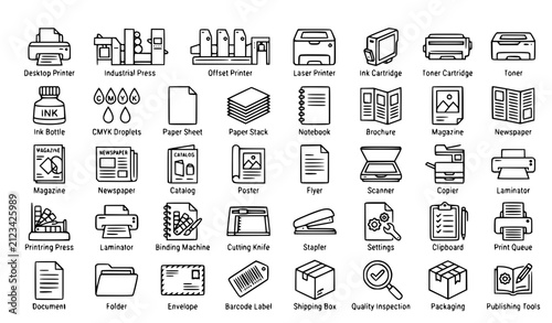 Printer Ink Paper and Printing Press Editable Stroke Line Icons Vector Illustration