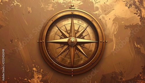 Vintage Brass Compass Rose on Aged Metal Surface.