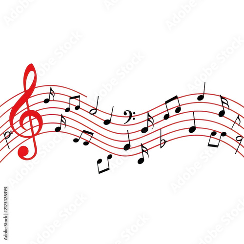 Red treble clef with flowing musical notes on staff lines