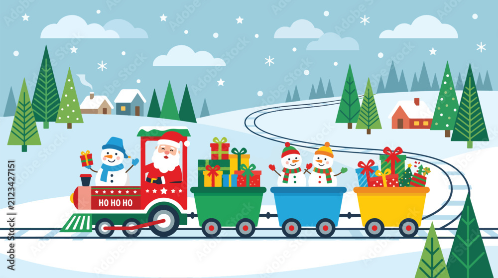 Naklejka premium Merry Christmas train carrying Santa Claus and snowmen with Christmas gifts through a snowy winter holiday landscape