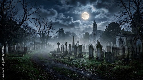Moonlit cemetery with old tombstones. Spooky graveyard at night under a full moon.