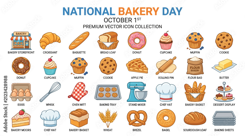 Fototapeta premium Set of Colorful Bakery Icons Isolated on White Background Representing Professional Baking Tools and Sweet Pastries
