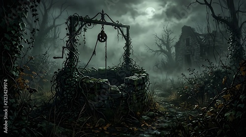 Old stone well in a foggy backyard. Abandoned water well in a dark mysterious garden.