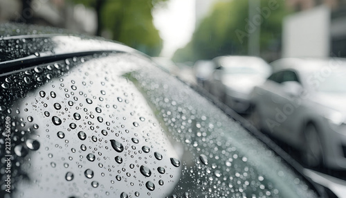 Close Up Macro Raindrops Water Condensation Drops on Car Windshield Glass with Blurred City Street Background