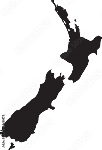 Black silhouette map of New Zealand isolated on white background representing Oceania and a travel destination concept