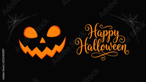 Happy Halloween greeting card design with carved pumpkin face and spider webs on a solid black background for seasonal holiday party invitations or festive social media graphics.