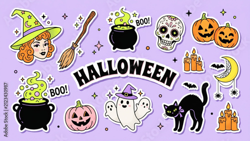 Collection of cute Halloween themed stickers featuring a witch cauldron skull pumpkins cat and ghost on a light purple background for festive scrapbooking and digital decoration.