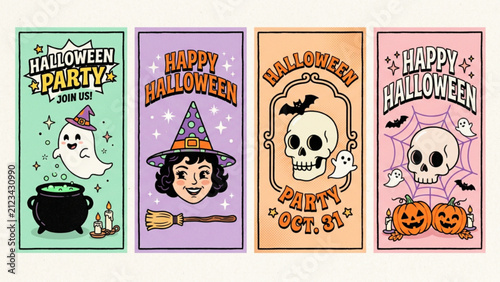 Set of four vertical Halloween party invitation cards with vintage style illustrations featuring ghosts witches skulls and pumpkins for seasonal celebration event planning and marketing.