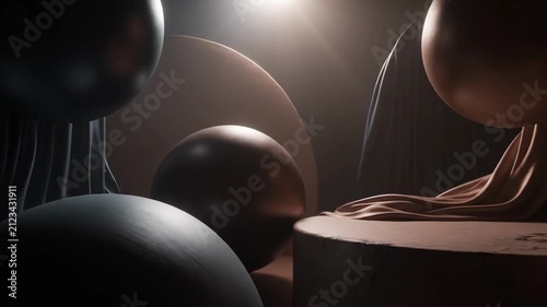 Dark Abstract 3D Stage with Floating Spheres and Draped Fabric, Luxury Geometric Product Showcase Backdrop in Moody Spotlight