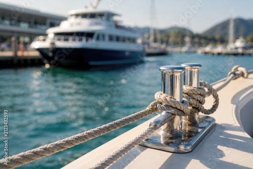 Close up of heavy metallic bollard with thick nautical mooring rope securing luxury yacht at marina dock.