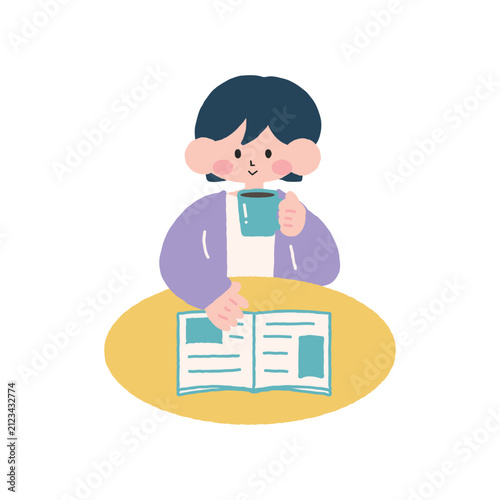 コーヒーを飲みながら雑誌を読む女性イラスト素材