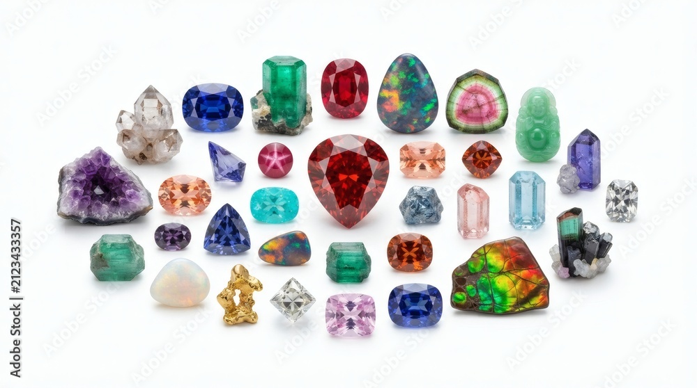 Fototapeta premium Collection of diverse colorful gemstones including rare crimson red beryl, sapphire, emerald and raw crystals on white background