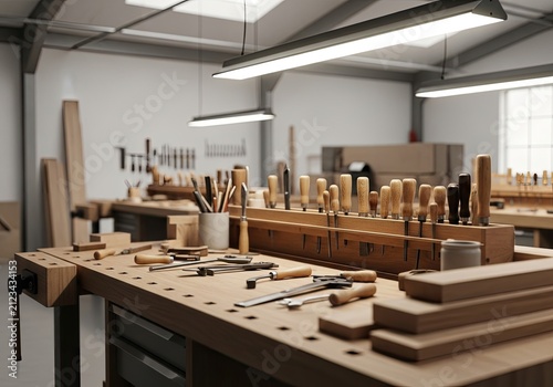 Well-equipped woodworking workshop with tools and lumber.