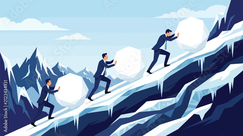 Foto Professional business people pushing heavy white stone spheres up a steep blue m