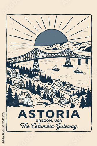 Astoria Oregon vintage travel poster illustration featuring coastal bridge and hillside homes