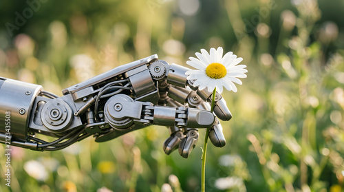 Robotic hand touching a delicate white daisy flower in a sunny meadow, representing technology and nature harmony