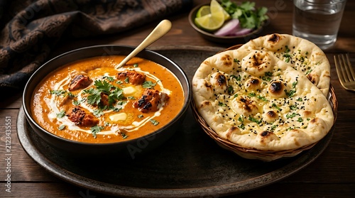 Close up of two bowls of traditional Indian curry and rice.