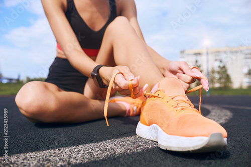Close up of sport shoes, preparing for training