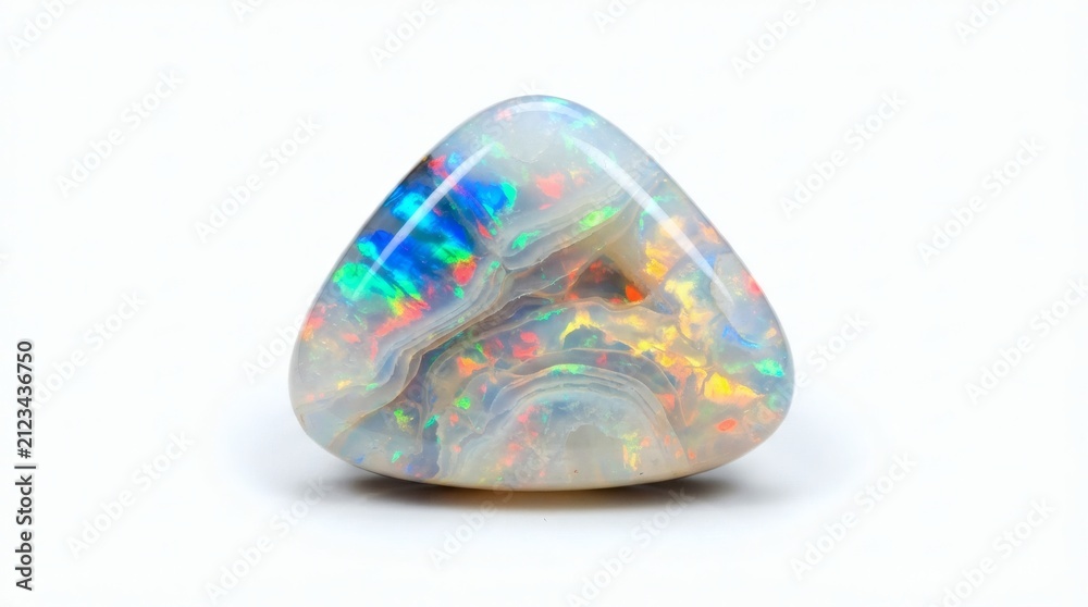 Fototapeta premium Polished triangular fire opal gemstone displaying vibrant iridescent colors isolated on a white background