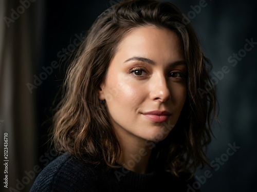 Young woman with curly hair looking thoughtfully into camera outdoors.