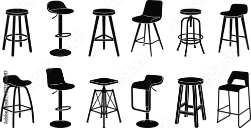 Bar stool silhouettes for interior design seating layouts.