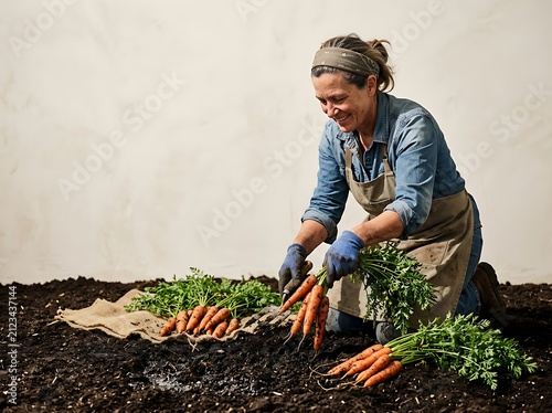 Woman farmer harvesting fresh green vegetables outdoors.