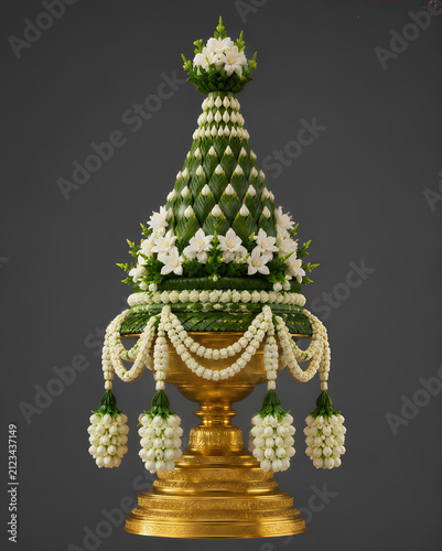 Traditional Thai floral offering arrangement on an ornate golden pedestal tray