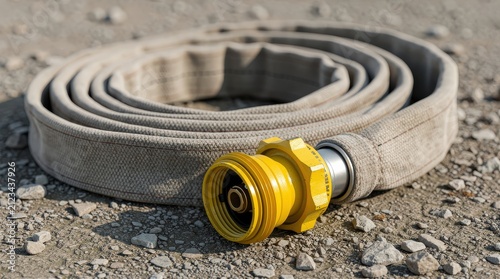 Coiled beige fire hose with a yellow coupling lying on rough gravel ground outdoors.