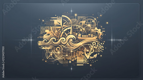 Abstract shipping UI panel surface with irregular anomalous texture cluster, cool slate and muted amber tones, UI art for tech presentations with centered copy space, 3d rendering