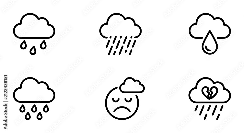 Obraz premium Minimalist weather icons set, black line art clouds with rain and storm symbols, sad face and broken heart metaphors for depression and bad mood