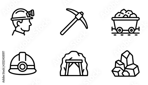 Mining industry line icon set, coal mine worker and equipment symbols, professional extraction and geology vector collection for industrial infographics
