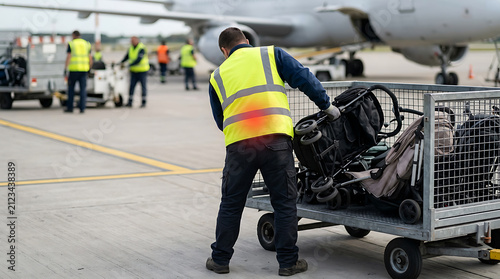 Airport Ground Crew Loading Luggage and Strollers onto Aircraft | Aviation Industry Logistics & Baggage Handling Operations