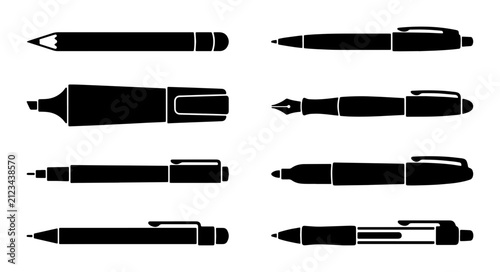 Minimalist pen and pencil icons set, black silhouette stationery collection, 8 office writing tools vector, professional drawing equipment for business
