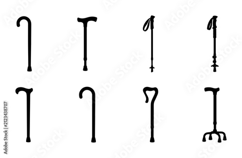 Walking cane silhouette set with 8 icons, medical mobility aids for elderly and disabled, orthopedic walking sticks and hiking poles vector