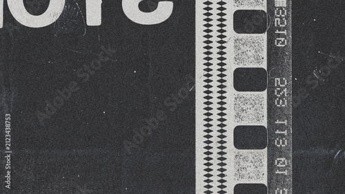 Vintage photographic film strip edge with grunge photocopy texture, dust, scratches, and timecode numbers. Abstract black and white distressed background