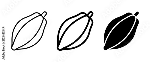 Cocoa bean icon set, chocolate cacao pod vector illustrations, organic cocoa fruit line art and solid silhouette for confectionery branding